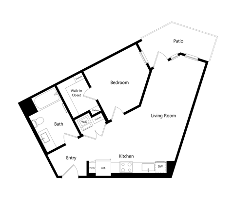 Floor plan for 1 bed, 1 bath, 650 sqft
